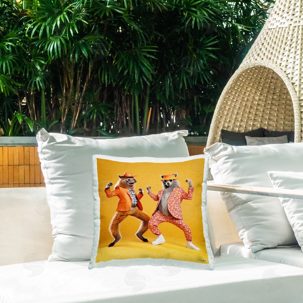 Roozbeh Foxes Dancing on Yellow Outdoor Quick-Dry Polyester Printed Throw Pillow in Back Yard