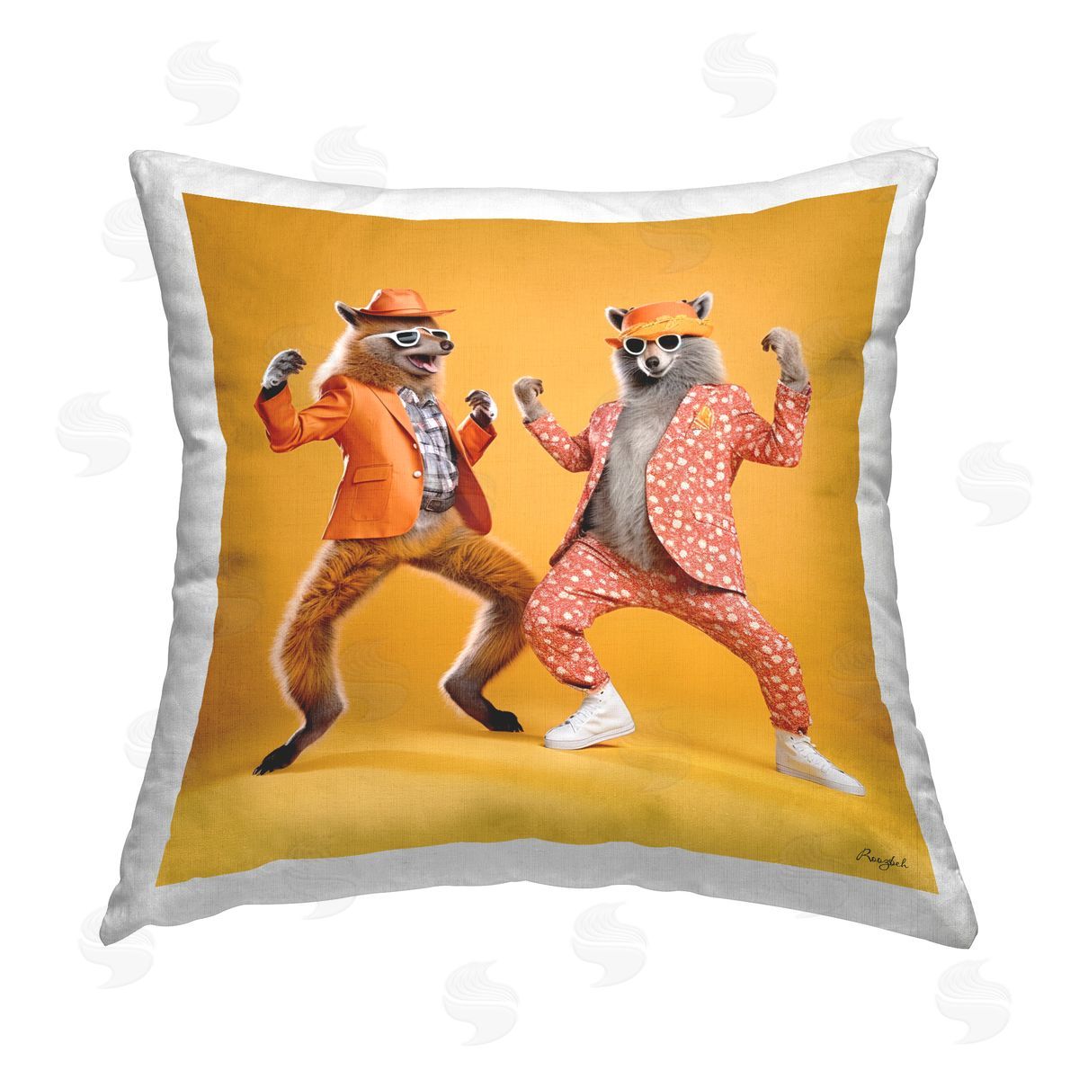 Roozbeh Foxes Dancing on Yellow Printed Plush Polyester Throw Pillow