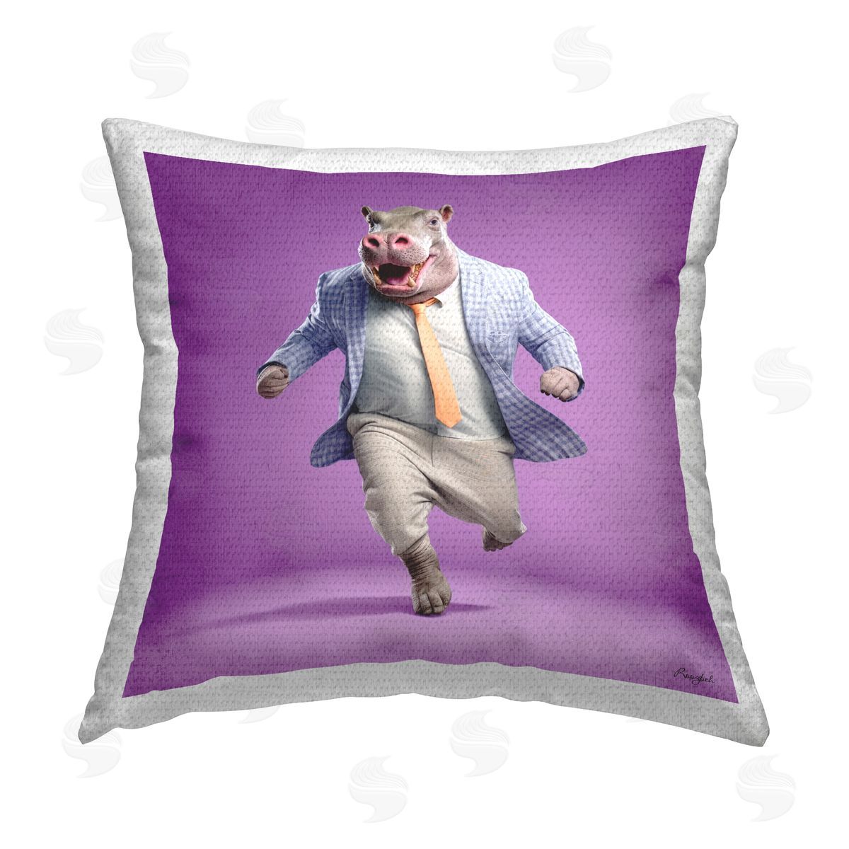 Roozbeh Stylish Hippo on Purple Outdoor Quick-Dry Polyester Printed Throw Pillow