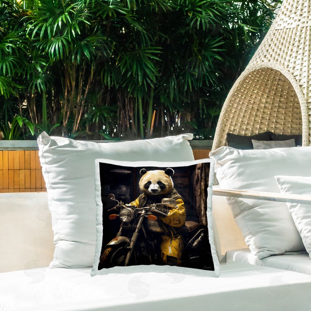 Roozbeh Panda on Motorcycle Outdoor Quick-Dry Polyester Printed Throw Pillow in Back Yard