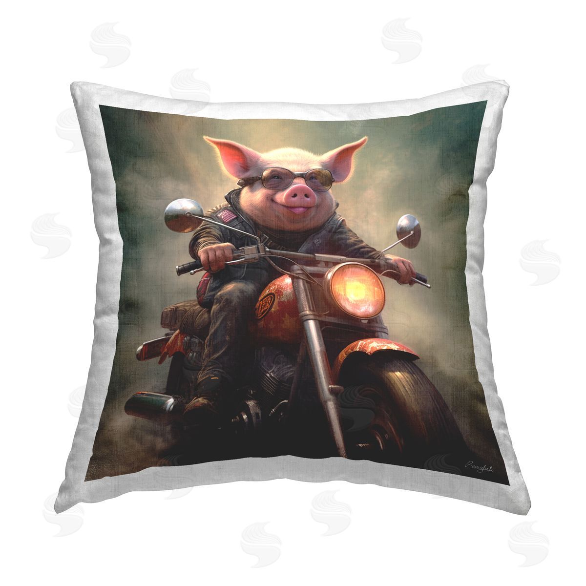 Roozbeh Pig Riding Motorcycle Printed Plush Polyester Throw Pillow