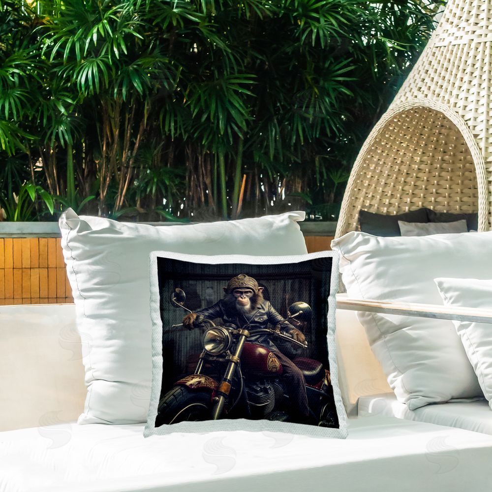 Roozbeh Monkey & Motorcycle Outdoor Quick-Dry Polyester Printed Throw Pillow in Back Yard