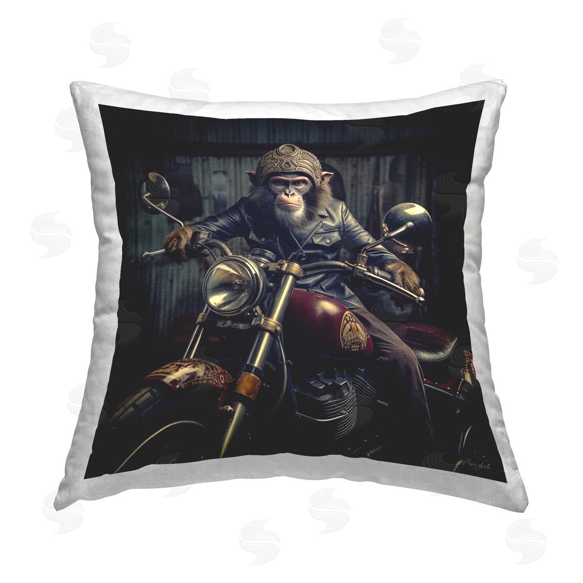 Roozbeh Monkey & Motorcycle Printed Plush Polyester Throw Pillow