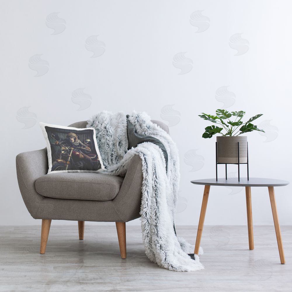 Roozbeh Monkey & Motorcycle Printed Plush Polyester Throw Pillow On Chair