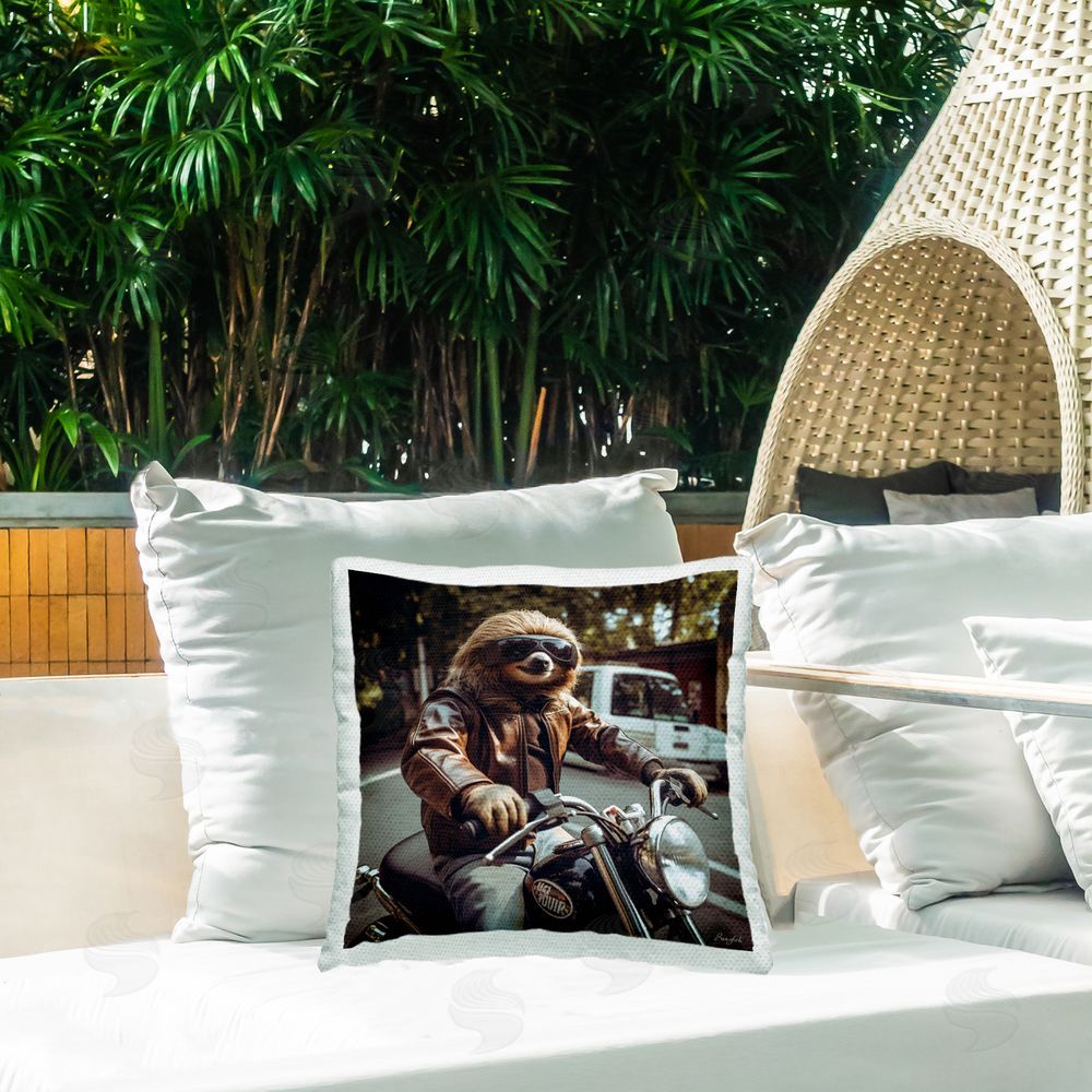 Roozbeh Animal on Motorcycle Outdoor Quick-Dry Polyester Printed Throw Pillow in Back Yard