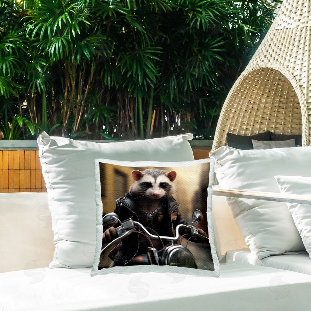 Roozbeh Possum on Motorcycle Outdoor Quick-Dry Polyester Printed Throw Pillow in Back Yard