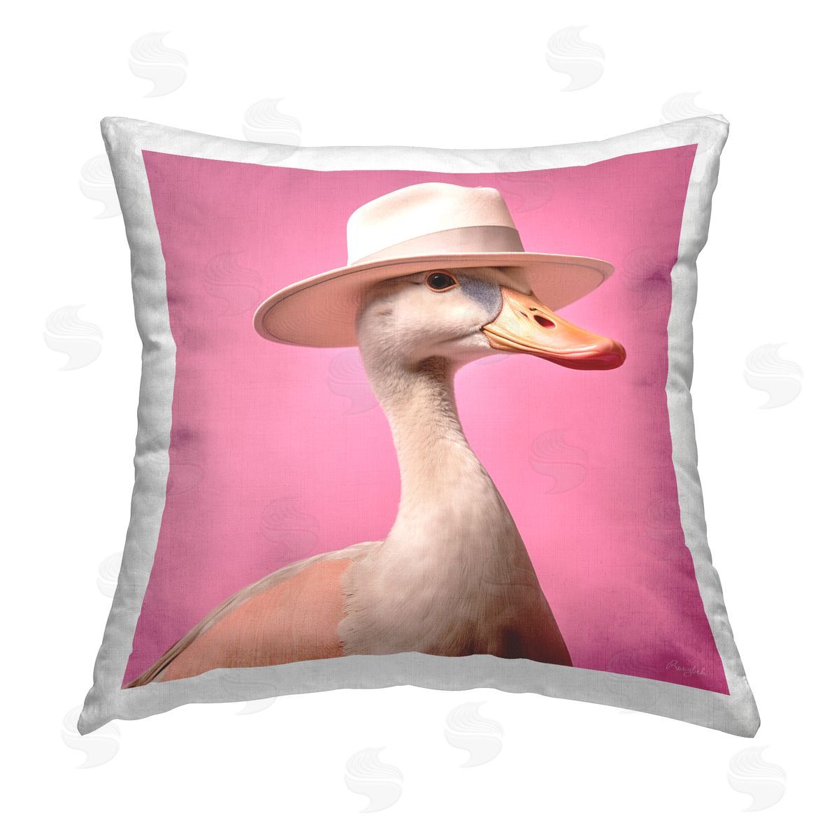 Roozbeh Duck with Hat on Pink Printed Plush Polyester Throw Pillow