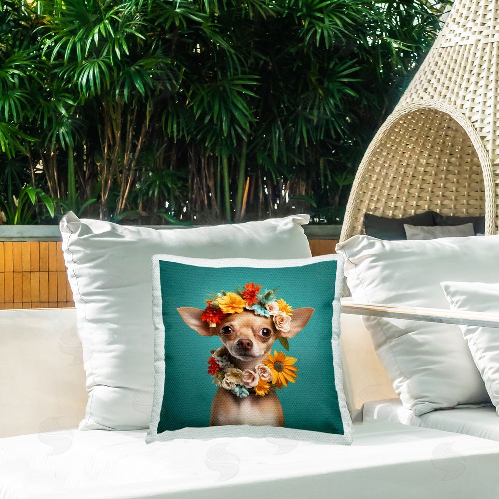 Roozbeh Dog with Floral Garlands Outdoor Quick-Dry Polyester Printed Throw Pillow in Back Yard