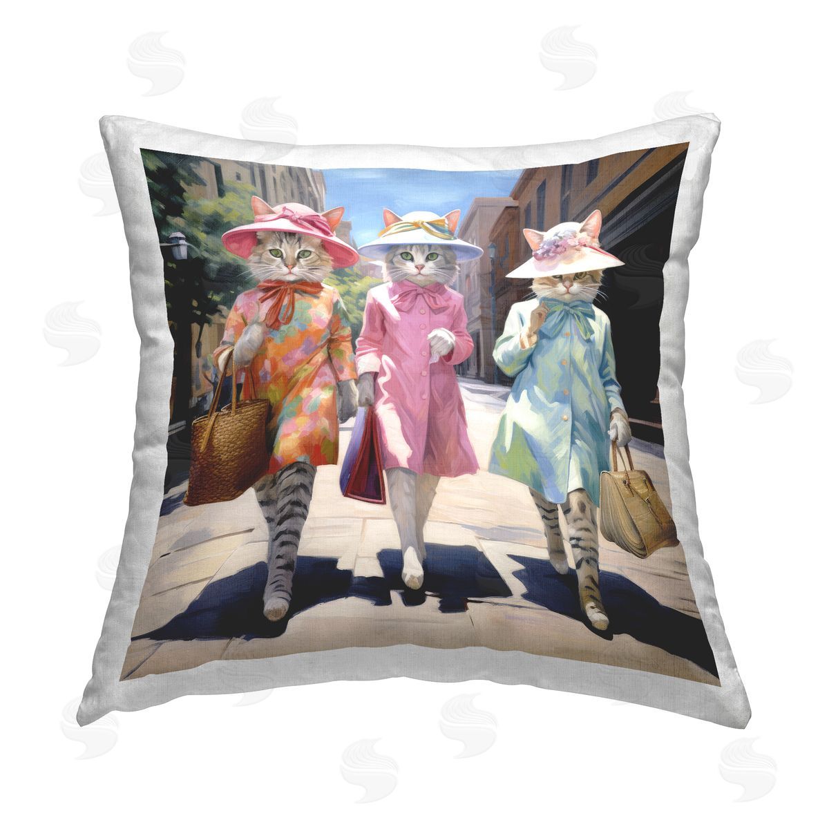 Ray Powers Cats Shopping in Town Printed Plush Polyester Throw Pillow
