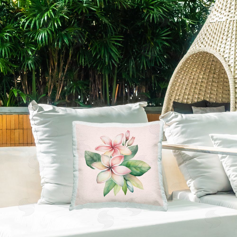 Birch & Ink Plumeria on Pink Outdoor Quick-Dry Polyester Printed Throw Pillow in Back Yard