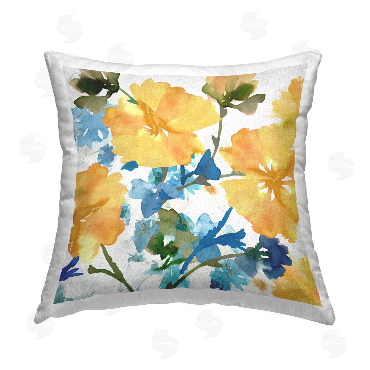 Flora Kouta Blue & Yellow Hibiscus Printed Plush Polyester Throw Pillow