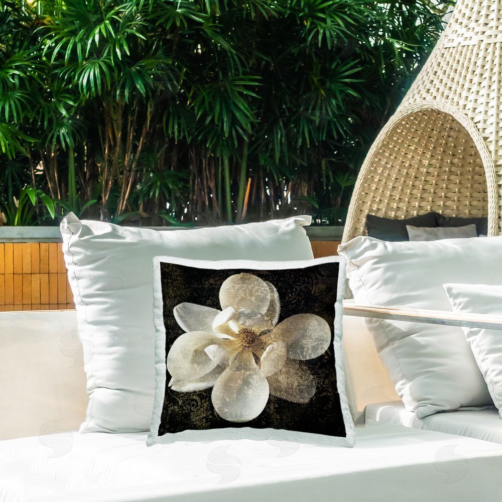 John Seba Vintage White Blossom Outdoor Quick-Dry Polyester Printed Throw Pillow in Back Yard