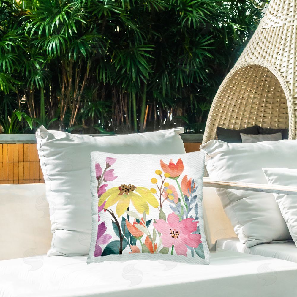 Kim Allen Mixed Vivid Wildflowers Outdoor Quick-Dry Polyester Printed Throw Pillow in Back Yard