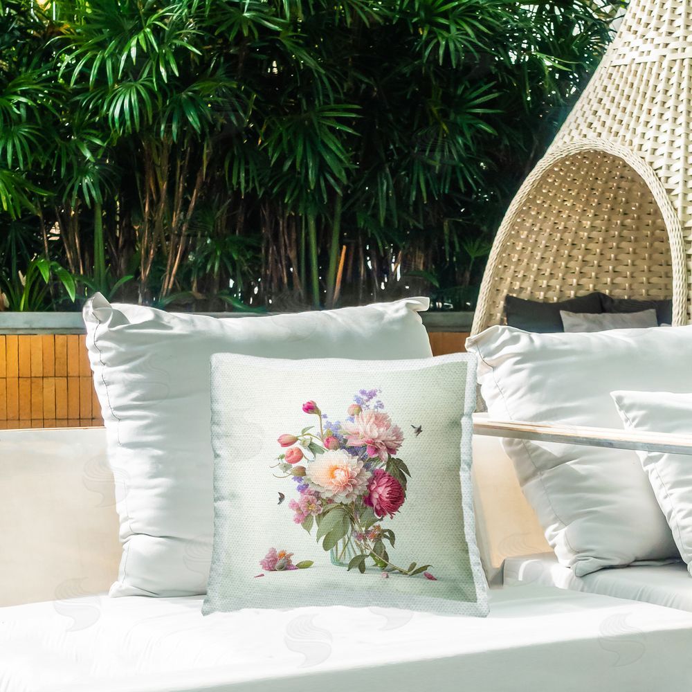 Leah McLean Budding Dahlia Bouquet Outdoor Quick-Dry Polyester Printed Throw Pillow in Back Yard