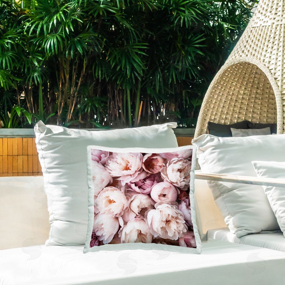 Riley B Pink Blooming Peonies Outdoor Quick-Dry Polyester Printed Throw Pillow in Back Yard