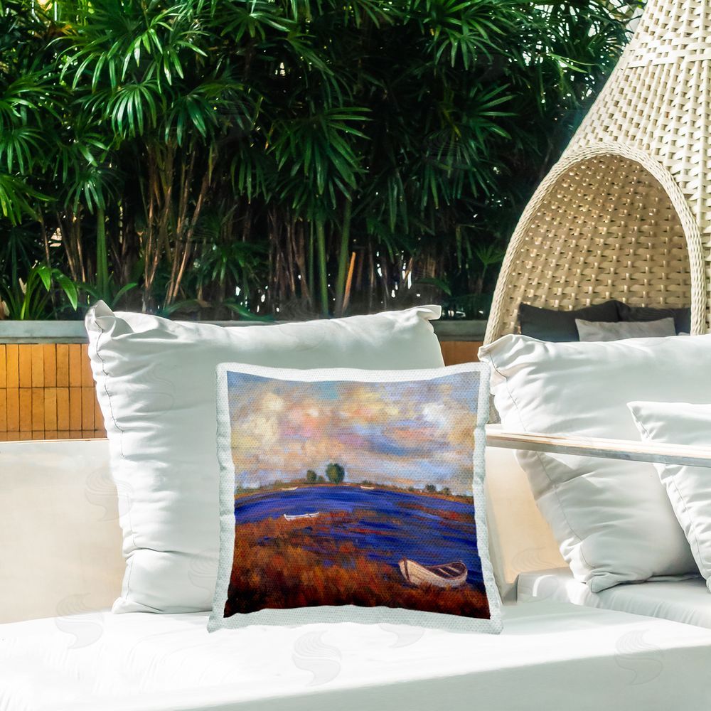 Alexi Fine Docks at Lake Scenery Outdoor Quick-Dry Polyester Printed Throw Pillow in Back Yard