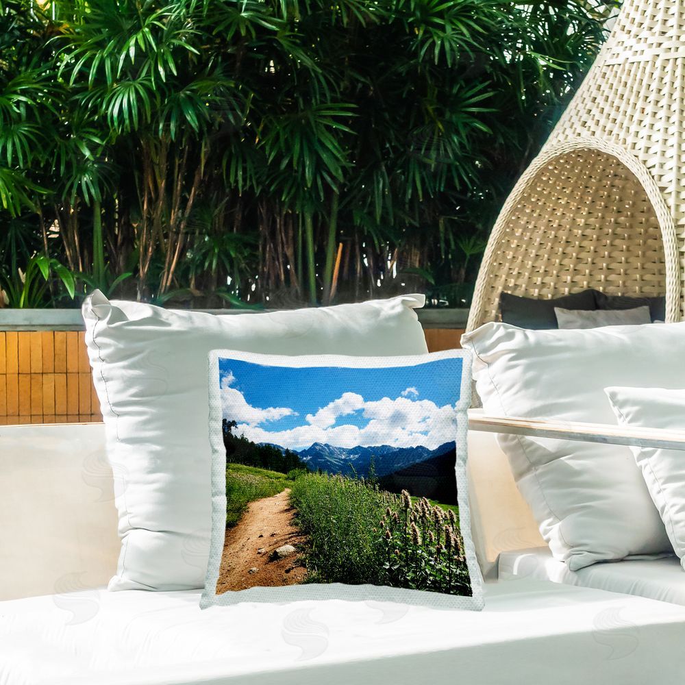 Anna Coppel Cloudy Mountain Trail Outdoor Quick-Dry Polyester Printed Throw Pillow in Back Yard