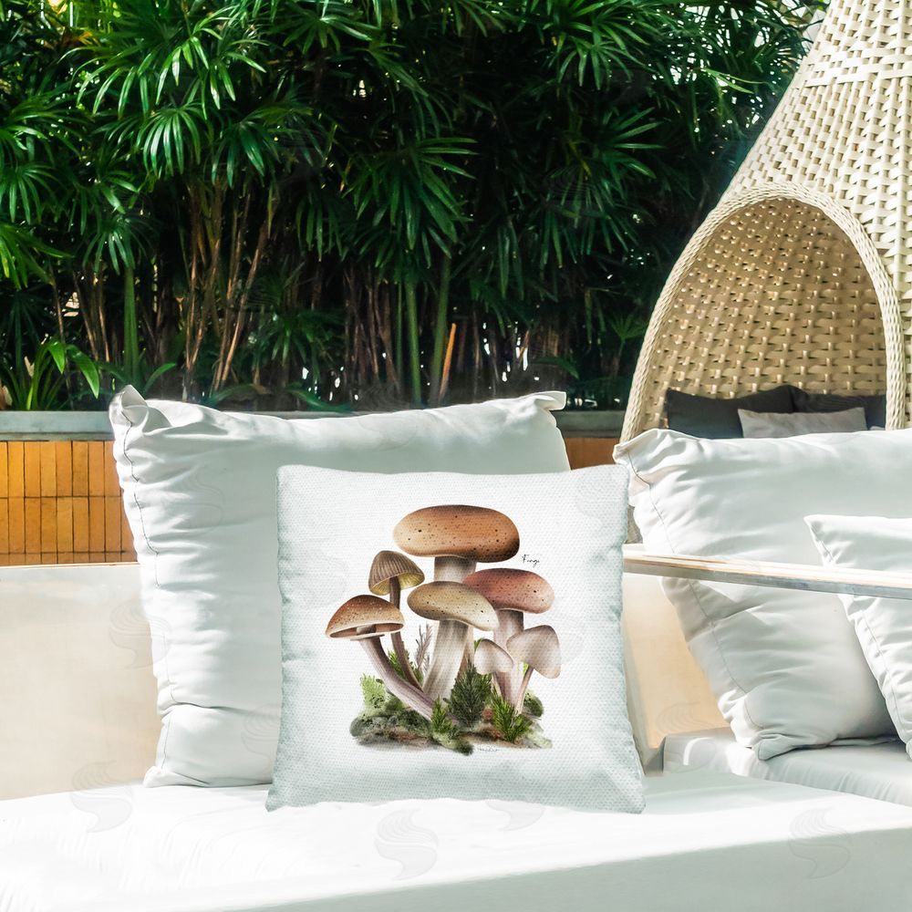 Studio Q Mushrooms on White Outdoor Quick-Dry Polyester Printed Throw Pillow in Back Yard
