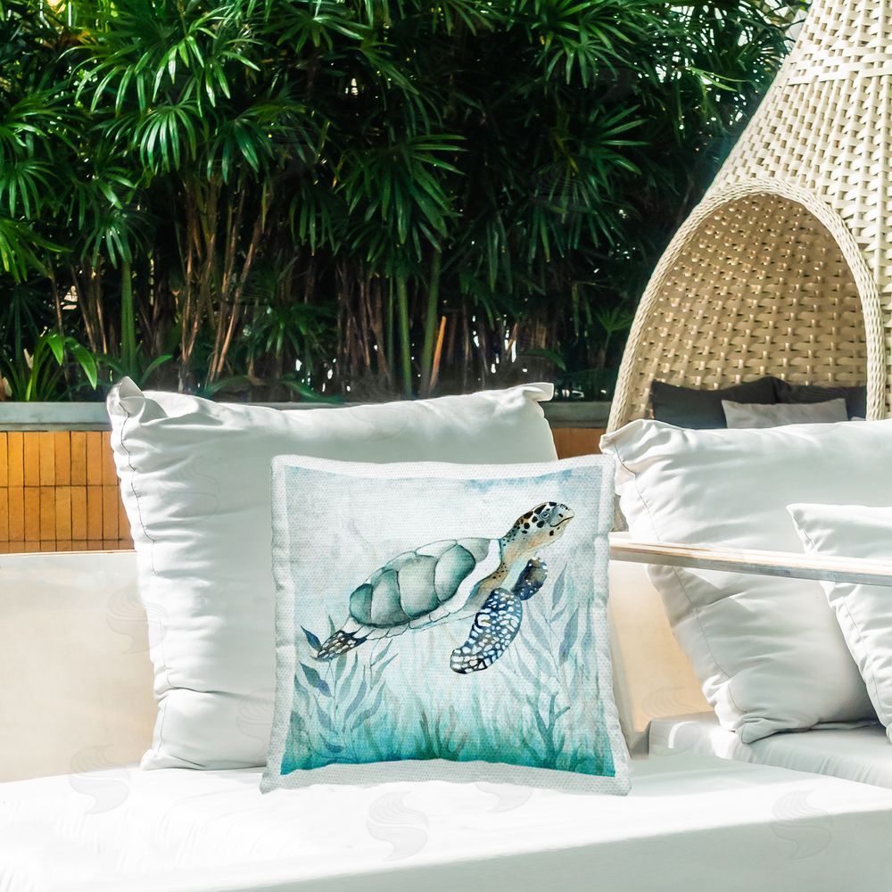 Janet Tava Sea Turtle & Seaweed Outdoor Quick-Dry Polyester Printed Throw Pillow in Back Yard