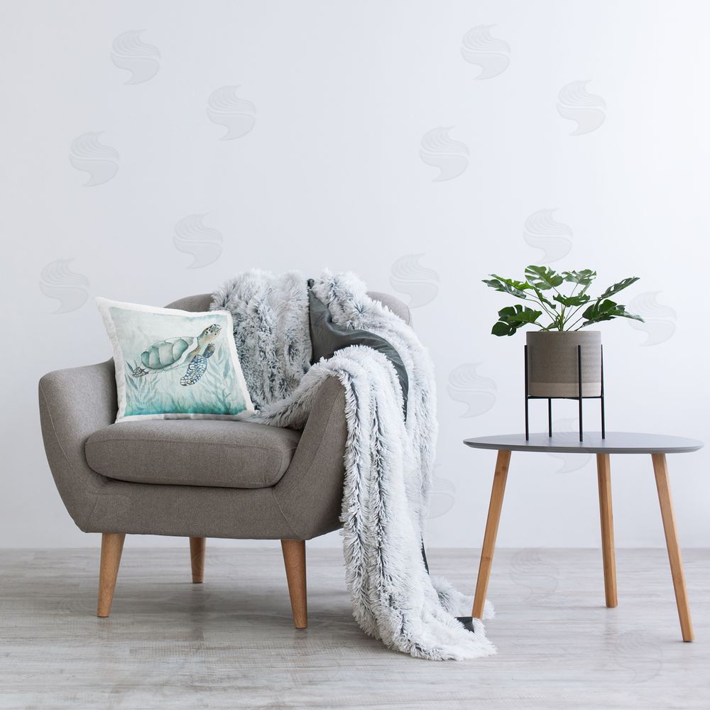 Janet Tava Sea Turtle & Seaweed Printed Plush Polyester Throw Pillow On Chair