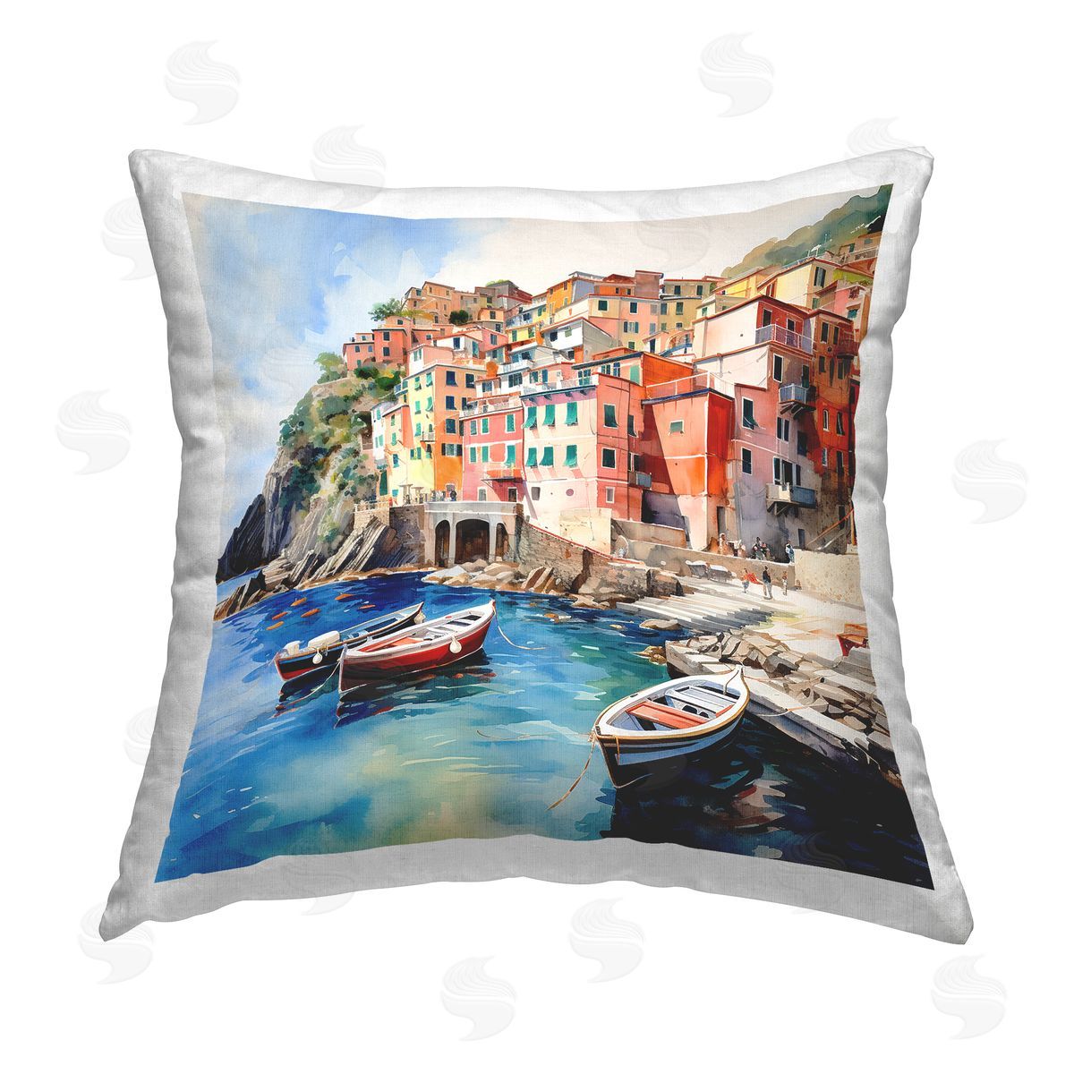 LSR Design Studio Cinque Terre Boats Printed Plush Polyester Throw Pillow