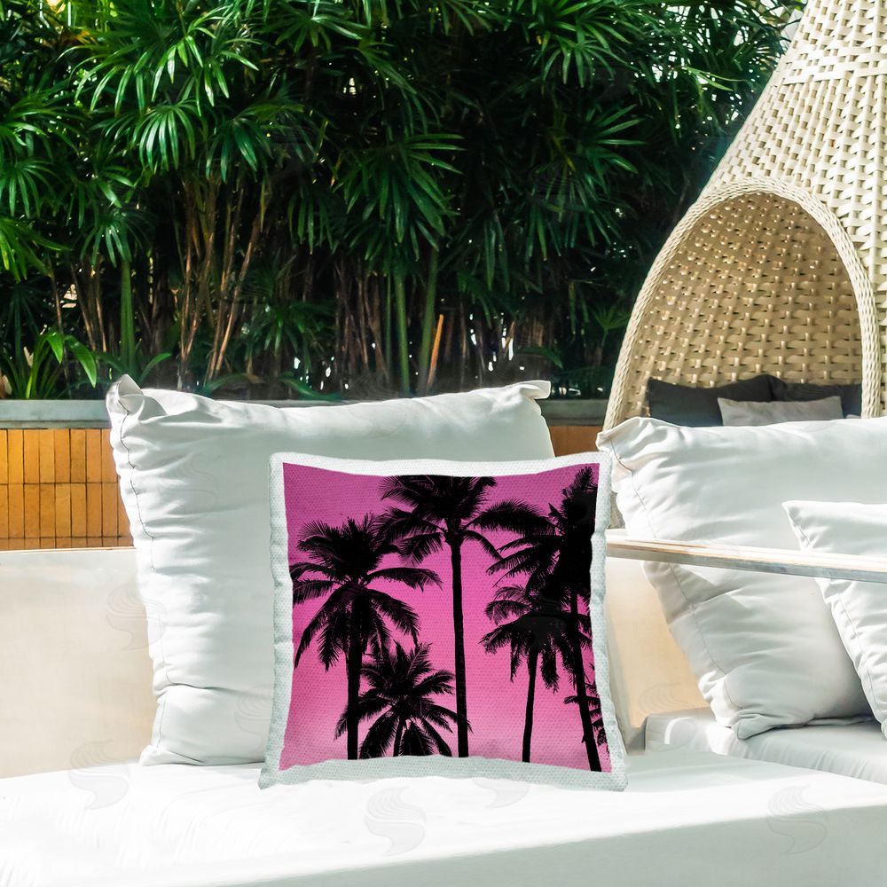 Mia Jensen Pink & Black Palms Outdoor Quick-Dry Polyester Printed Throw Pillow in Back Yard