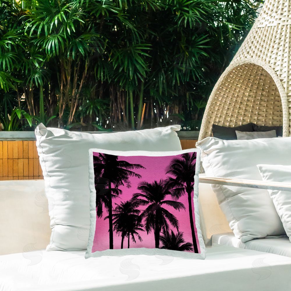Mia Jensen Palm Trees on Pink Outdoor Quick-Dry Polyester Printed Throw Pillow in Back Yard