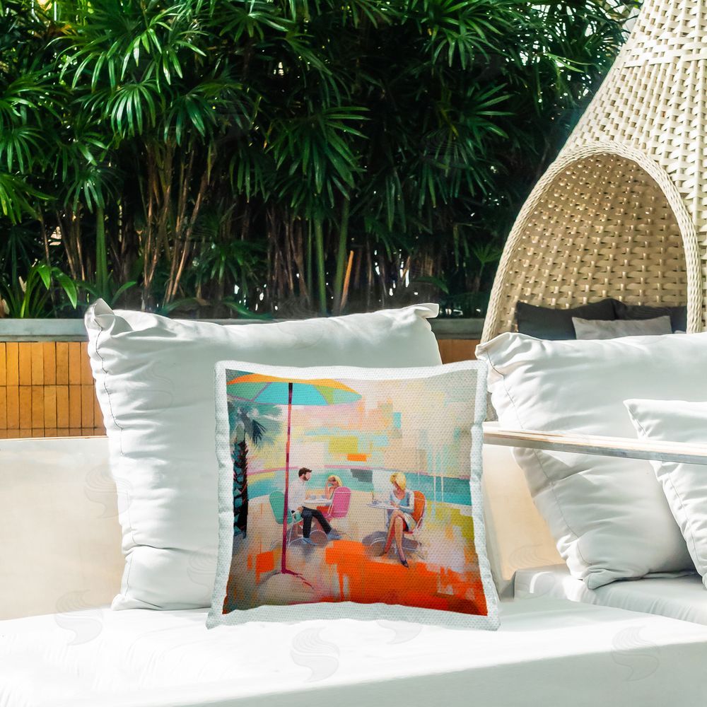 Irena Orlov People at Beach Cafe Outdoor Quick-Dry Polyester Printed Throw Pillow in Back Yard