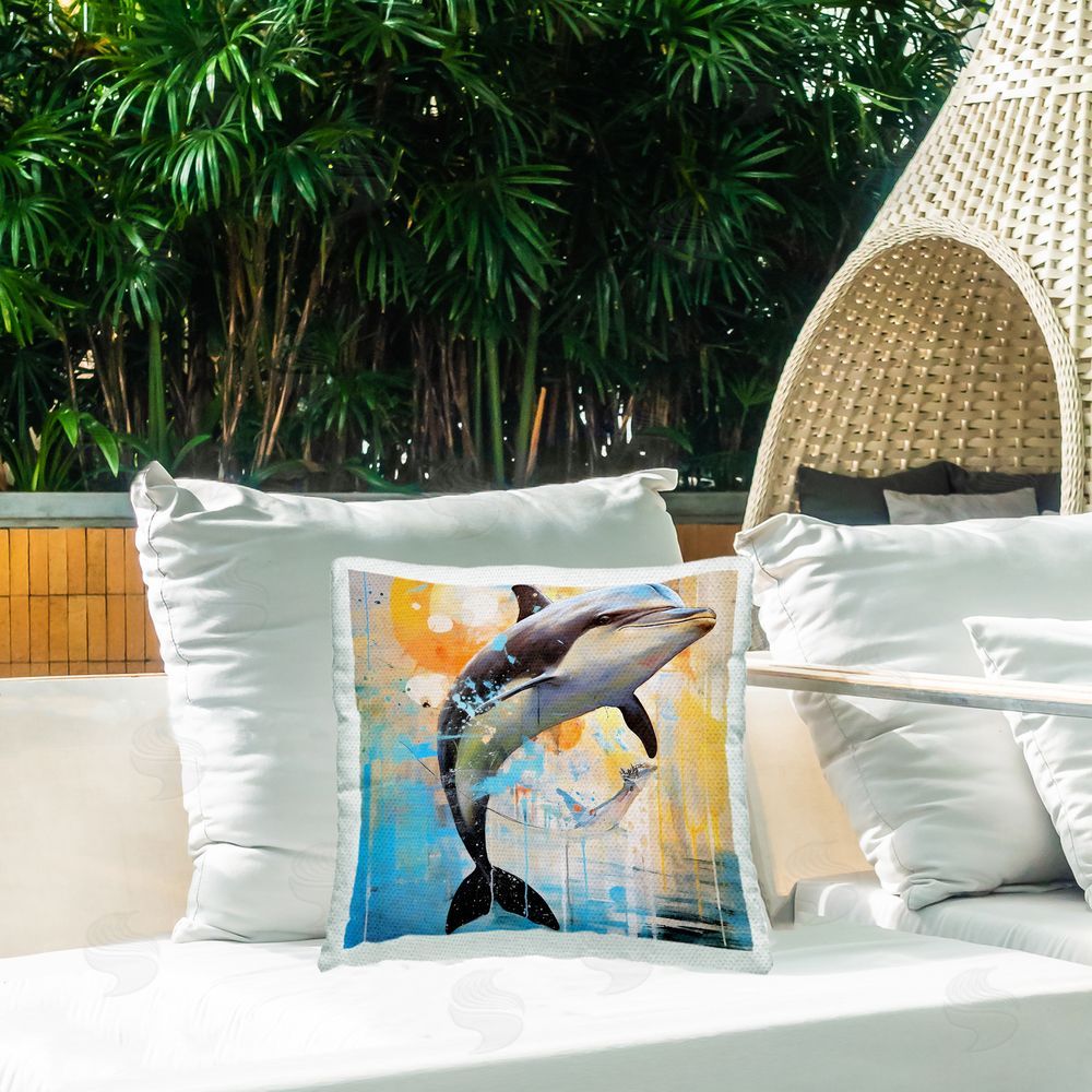 Ray Powers Abstract Splatter Dolphin Outdoor Quick-Dry Polyester Printed Throw Pillow in Back Yard