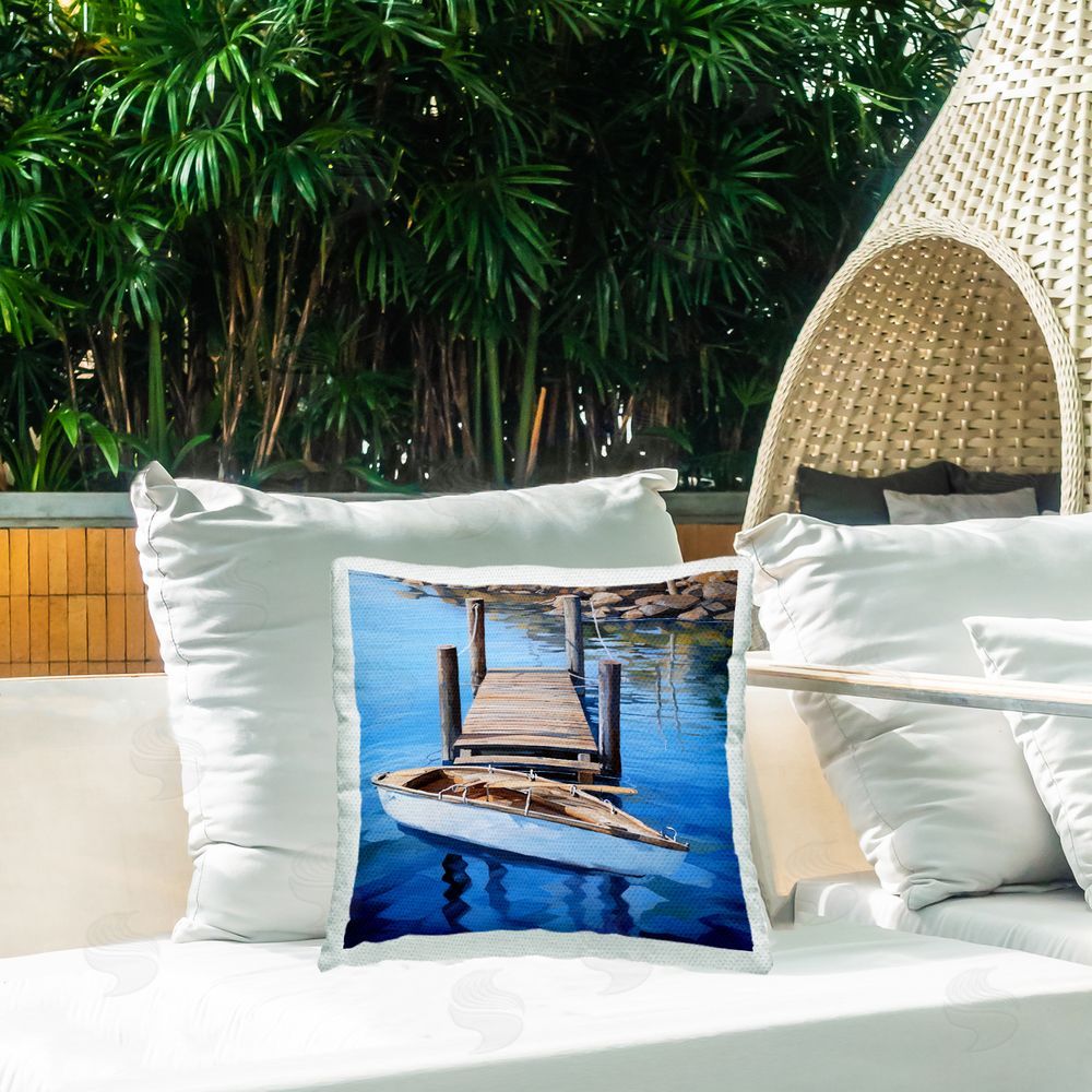 Ray Powers Docked Canoe Landscape Outdoor Quick-Dry Polyester Printed Throw Pillow in Back Yard