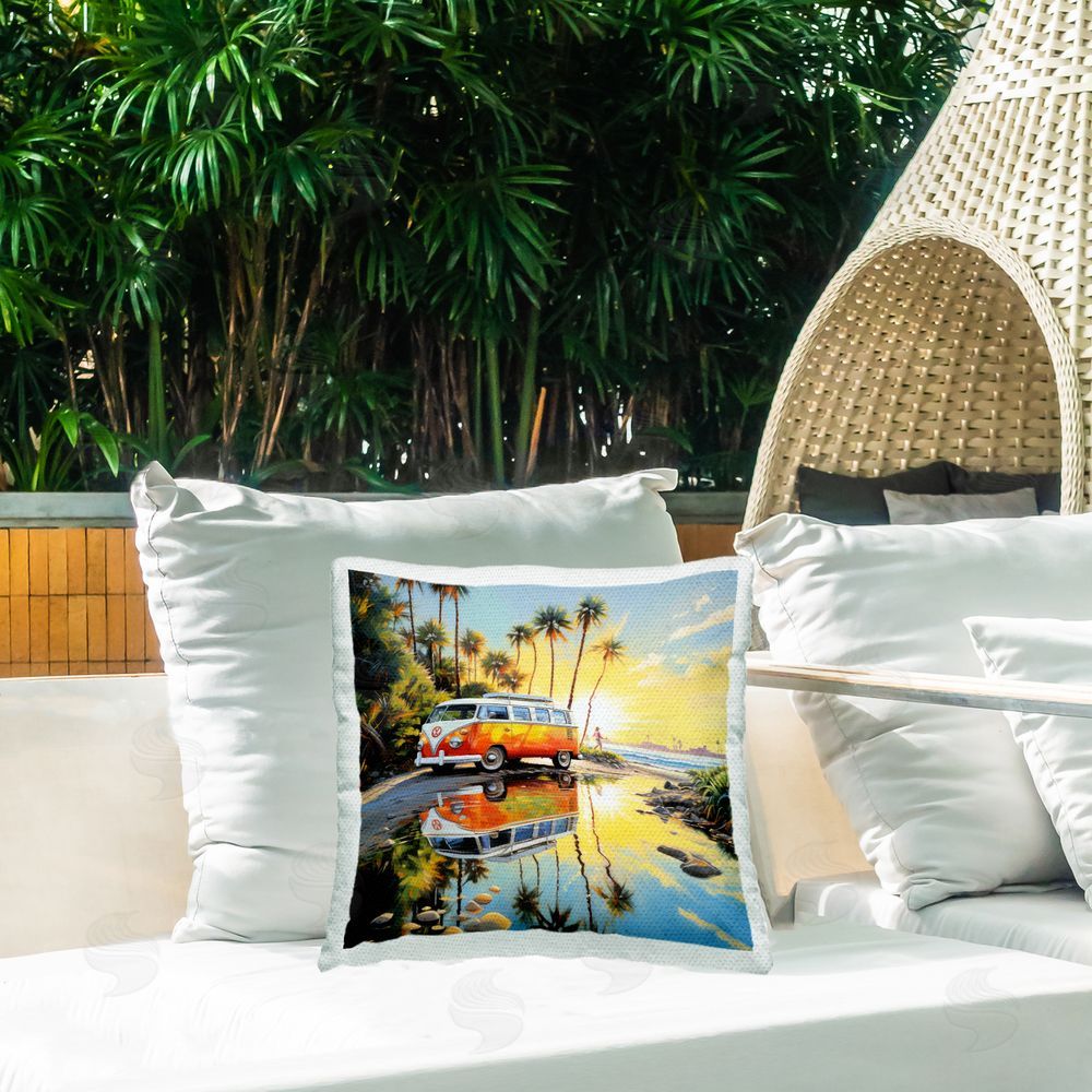 Ray Powers Minibus on Tropical Shore Outdoor Quick-Dry Polyester Printed Throw Pillow in Back Yard