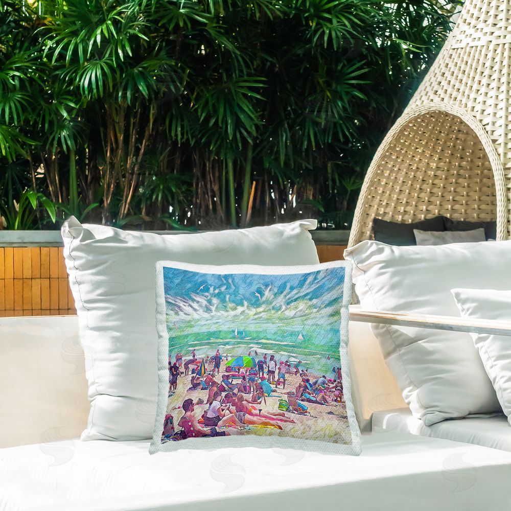 Steve Hunziker Modern People on Beach Outdoor Quick-Dry Polyester Printed Throw Pillow in Back Yard
