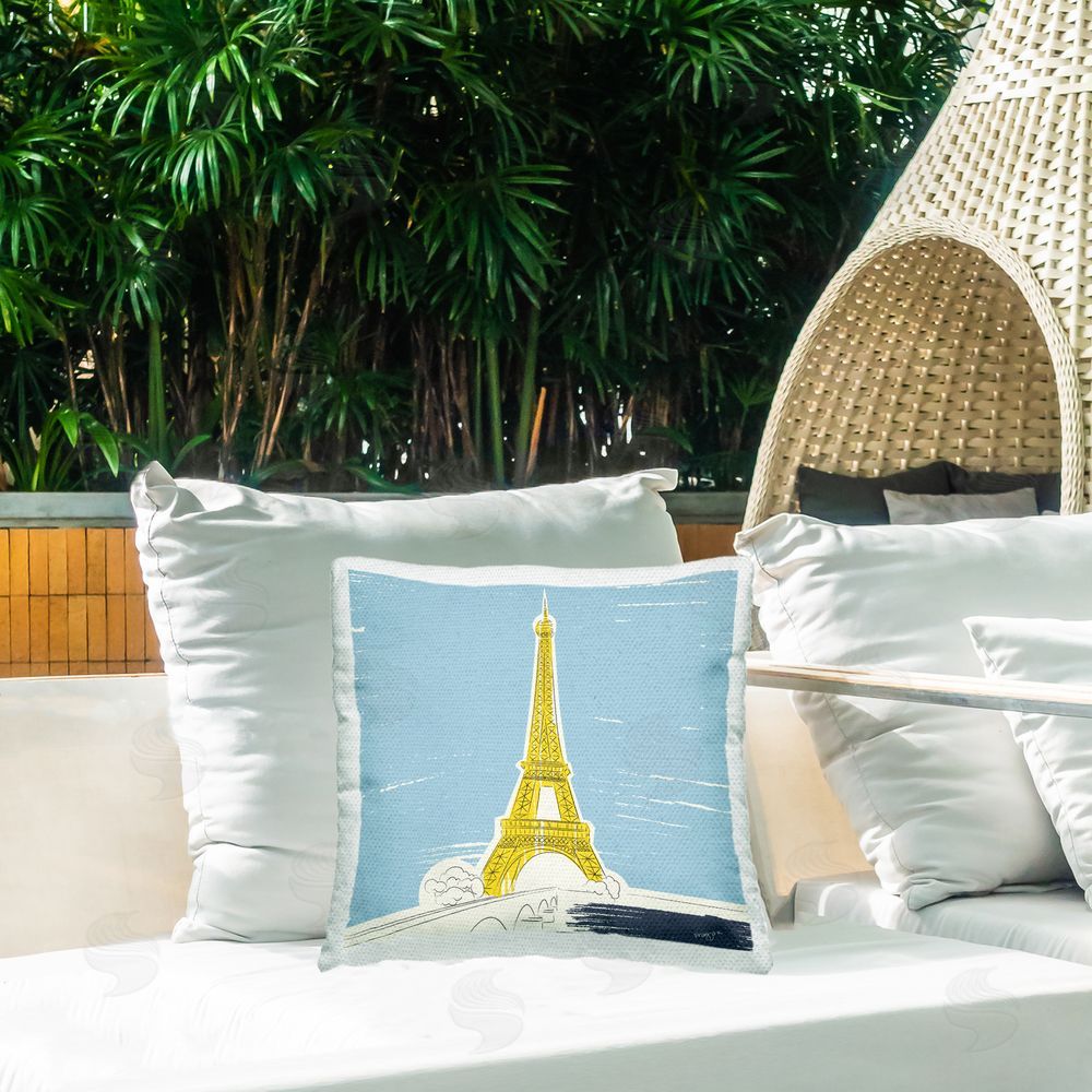 Pragya Kothari Yellow Eiffel Tower Outdoor Quick-Dry Polyester Printed Throw Pillow in Back Yard