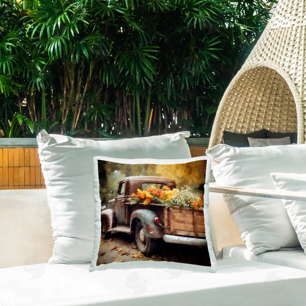 Riley B Fall Flowers Truck Outdoor Quick-Dry Polyester Printed Throw Pillow in Back Yard