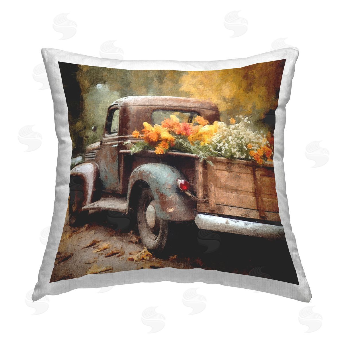Riley B Fall Flowers Truck Printed Plush Polyester Throw Pillow