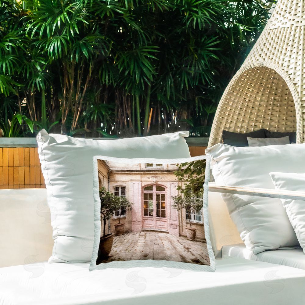 Riley B Pink French Doors Outdoor Quick-Dry Polyester Printed Throw Pillow in Back Yard