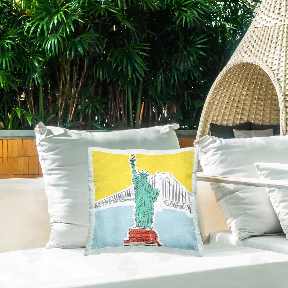 Pragya Kothari Liberty Statue & Bridge Outdoor Quick-Dry Polyester Printed Throw Pillow in Back Yard