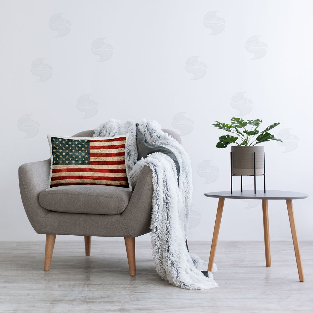 Luke Wilson Rustic American Flag Printed Plush Polyester Throw Pillow On Chair