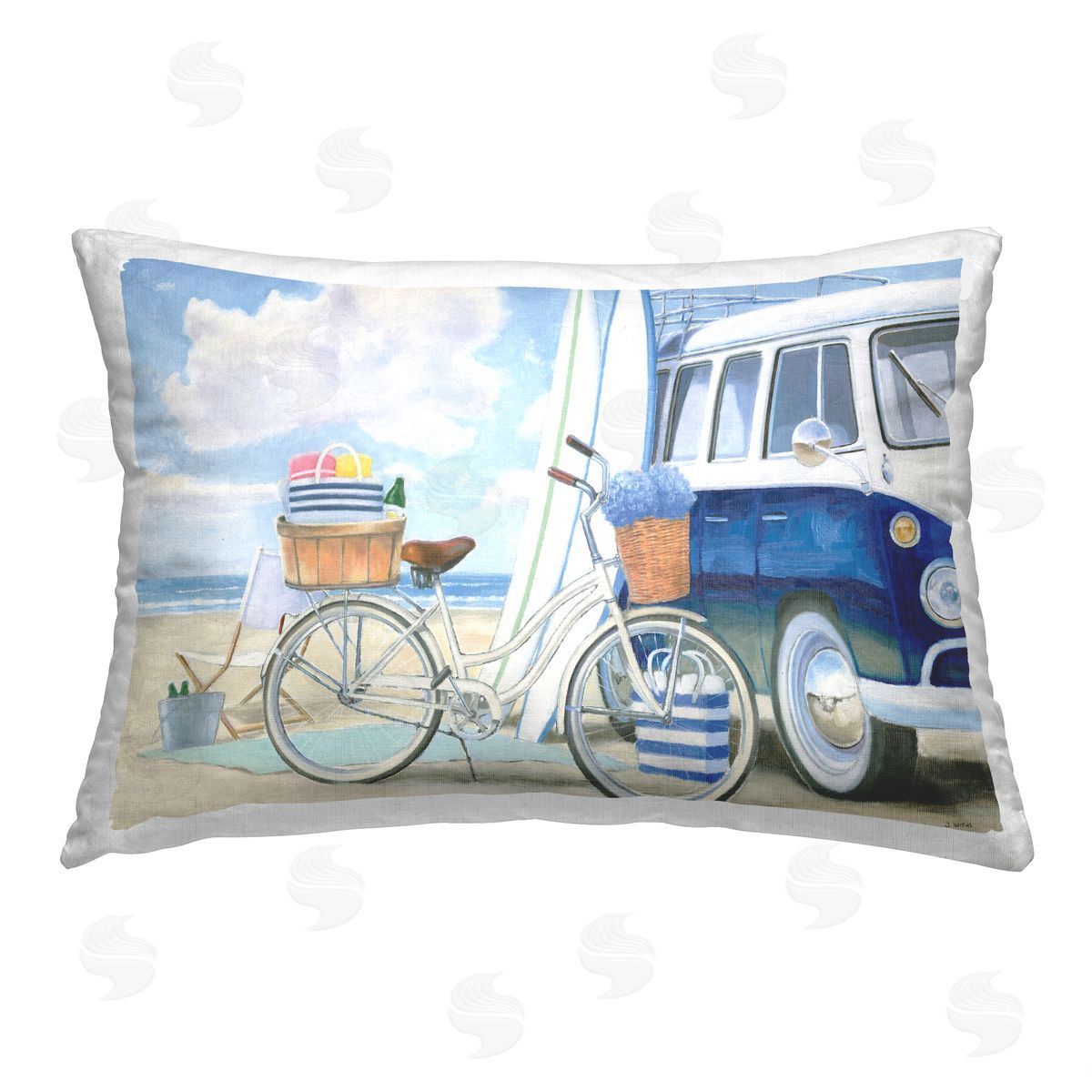 James Wiens Bike & Van on Shore Printed Plush Polyester Throw Pillow