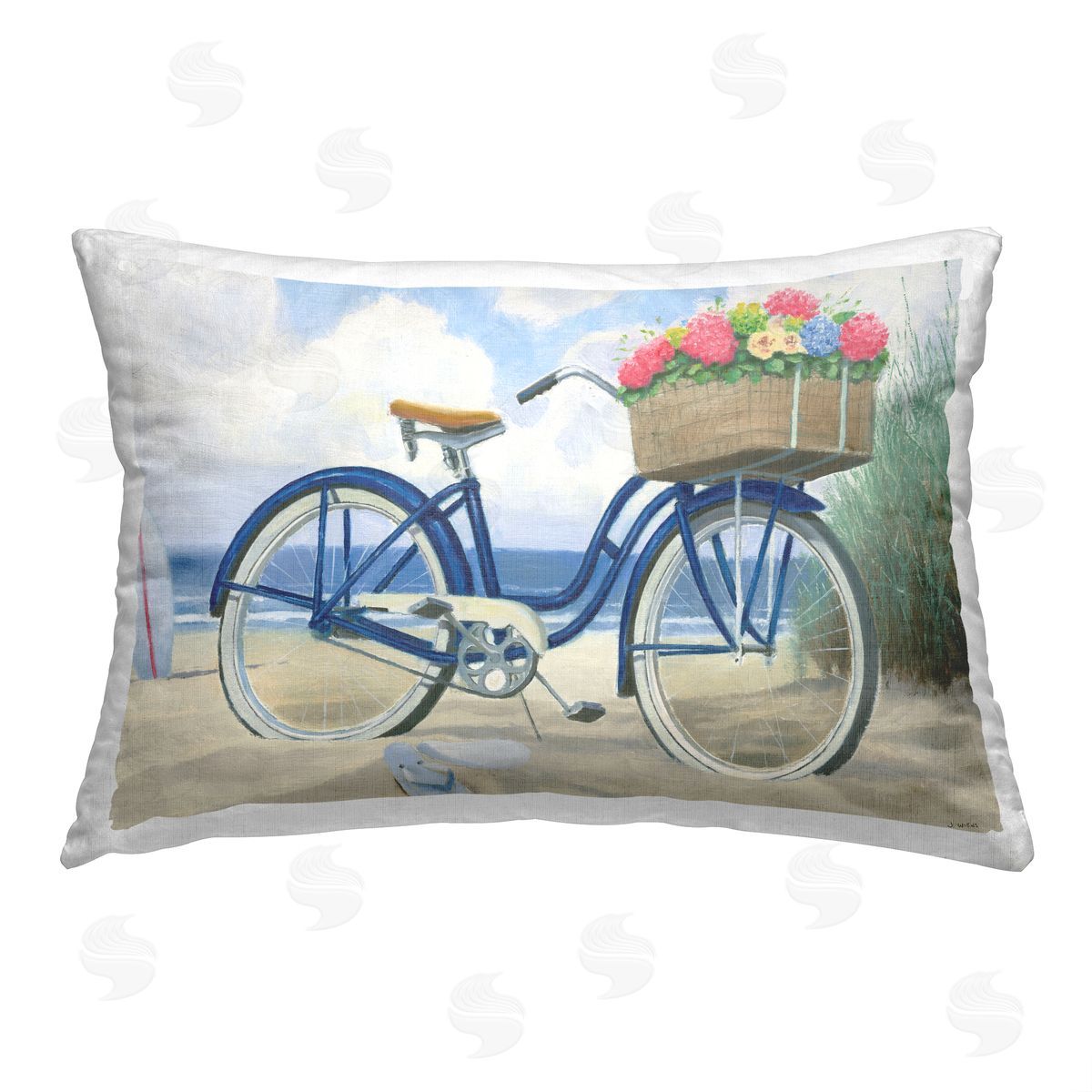 James Wiens Floral Bike on Beach Printed Plush Polyester Throw Pillow