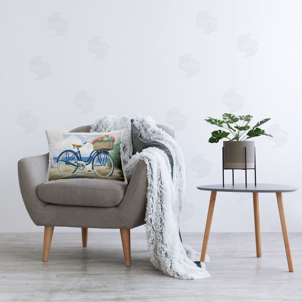 James Wiens Floral Bike on Beach Printed Plush Polyester Throw Pillow On Chair