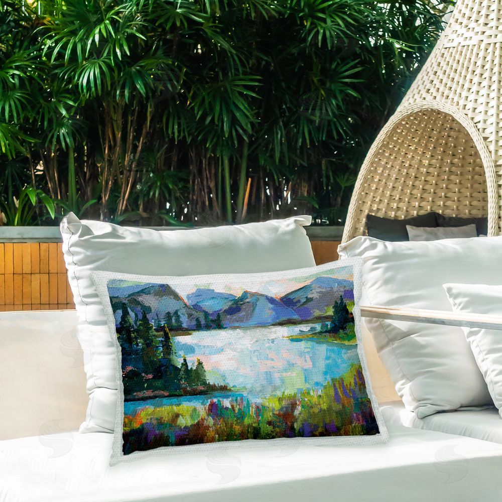 Jeanette Vertentes Modern Forest Lake Outdoor Quick-Dry Polyester Printed Throw Pillow in Back Yard