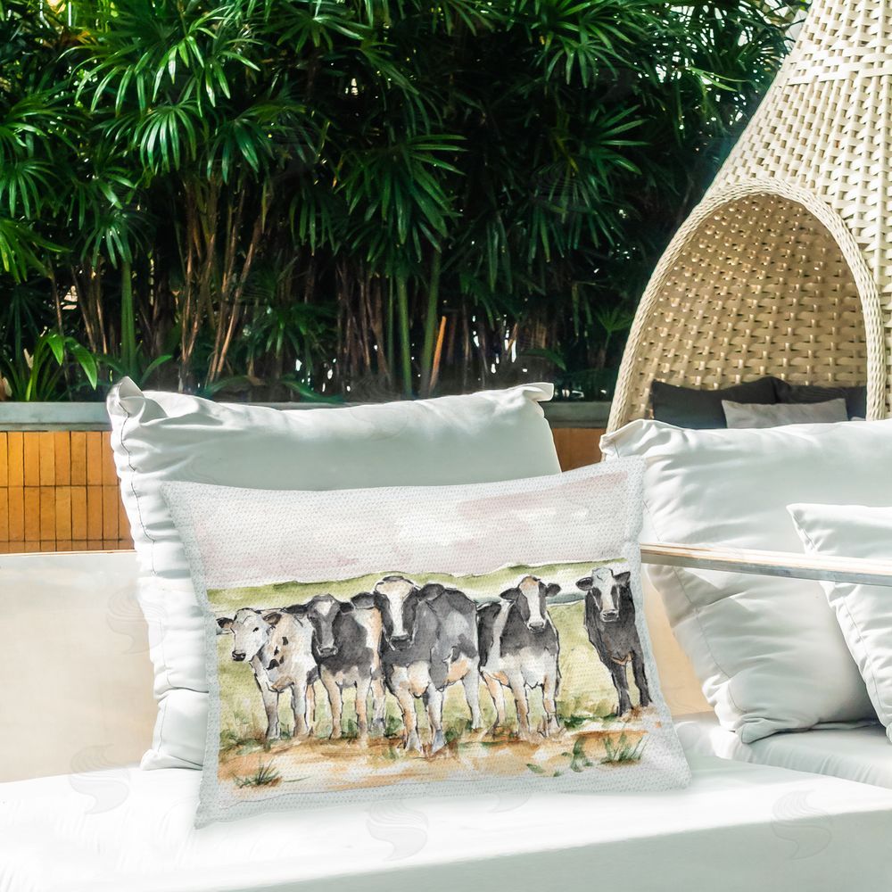 Ethan Harper Cows in Pasture Landscape Outdoor Quick-Dry Polyester Printed Throw Pillow in Back Yard