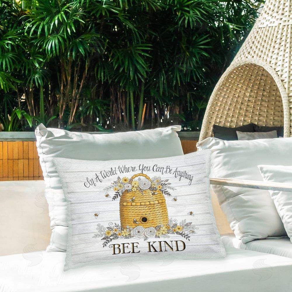 Deb Strain Bee Kind Phrase Outdoor Quick-Dry Polyester Printed Throw Pillow in Back Yard