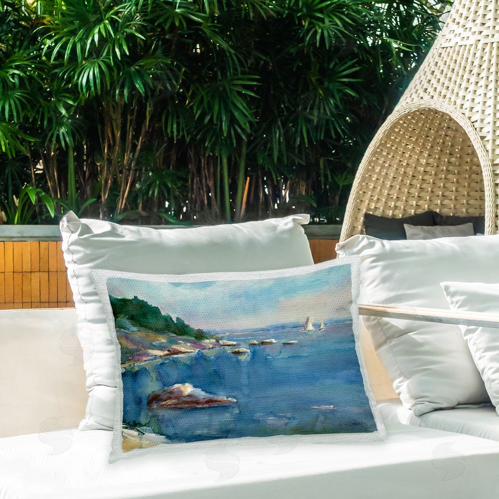 Stephen Calcasola Blue Ocean Scenery Outdoor Quick-Dry Polyester Printed Throw Pillow in Back Yard