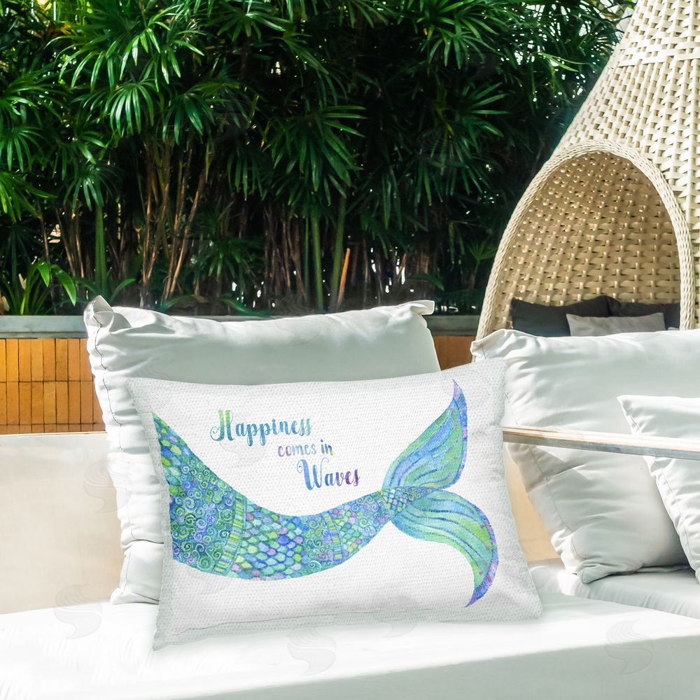 Jackie Decker Mermaid Happiness Phrase Outdoor Quick-Dry Polyester Printed Throw Pillow in Back Yard