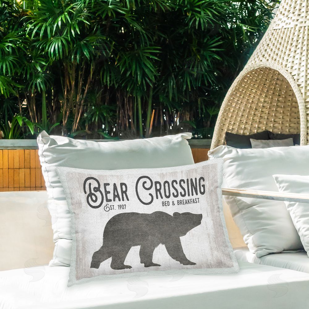 Lettered and Lined Rustic Bear Crossing Outdoor Quick-Dry Polyester Printed Throw Pillow in Back Yard
