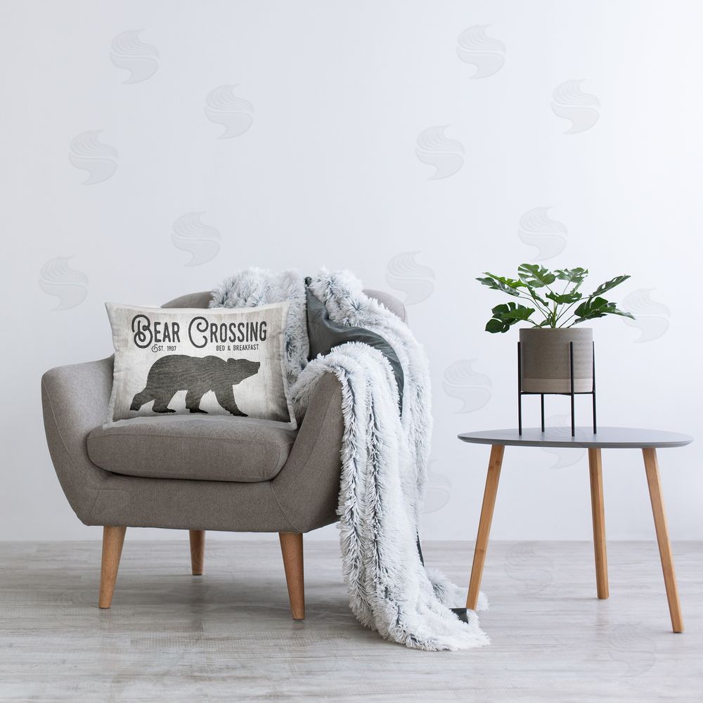 Lettered and Lined Rustic Bear Crossing Printed Plush Polyester Throw Pillow On Chair