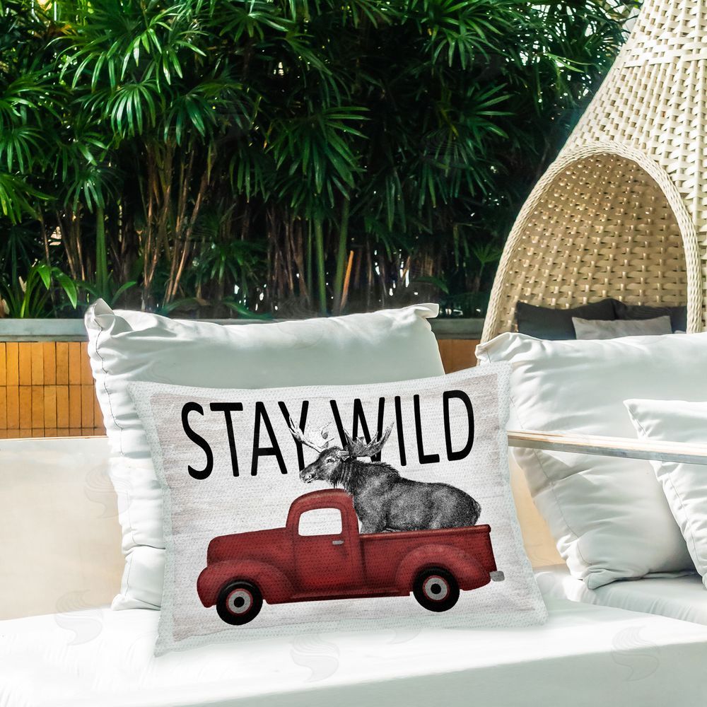 Lettered and Lined Stay Wild Moose Outdoor Quick-Dry Polyester Printed Throw Pillow in Back Yard