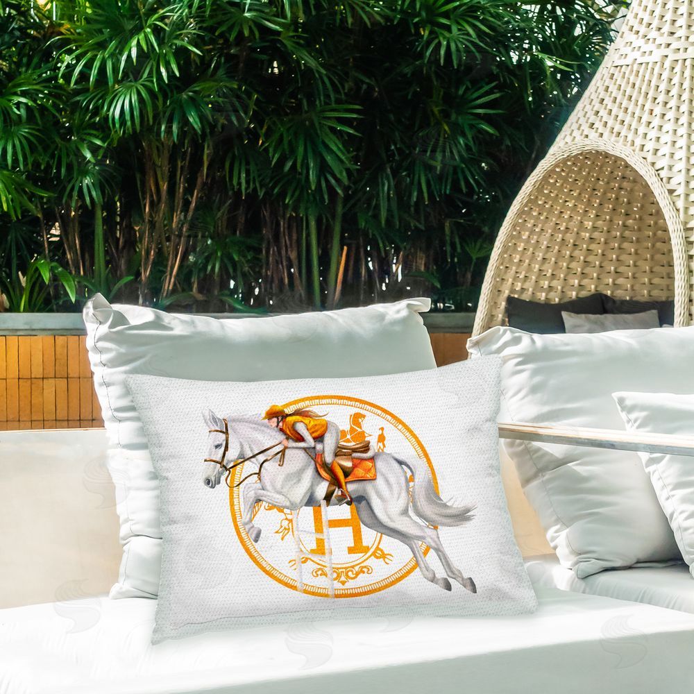 Ziwei Li Glam Equestrian Jockey Outdoor Quick-Dry Polyester Printed Throw Pillow in Back Yard